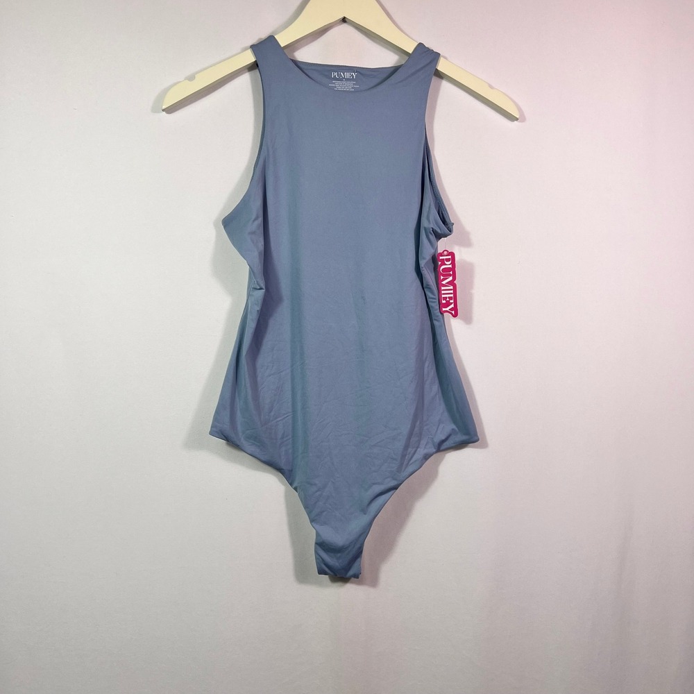 Pumiey Womens High Neck Sleeveless Bodysuit Dusty Blue Size M